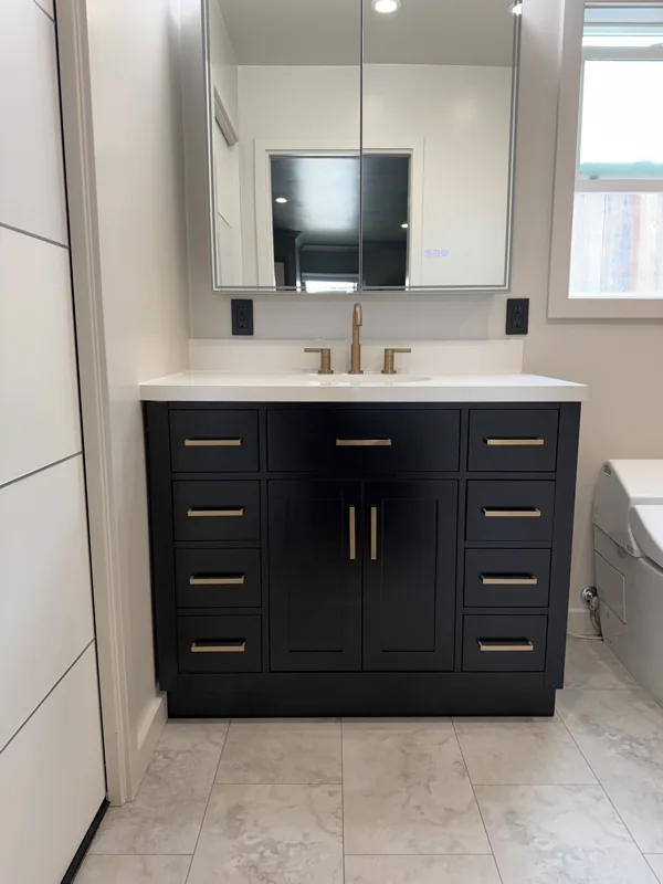 Dark cabinetry, a white countertop, and brass hardware in a compact bathroom.