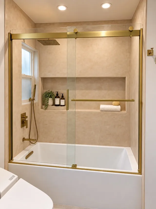 A brass-framed glass tub enclosure and a recessed storage niche.