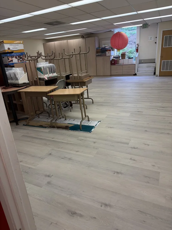 Pale wood-look plank flooring through a large shared room.